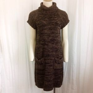 Calvin Klein Sweater Dress Cowl Neck SZ M Pockets Short Sleeve knit Black Brown